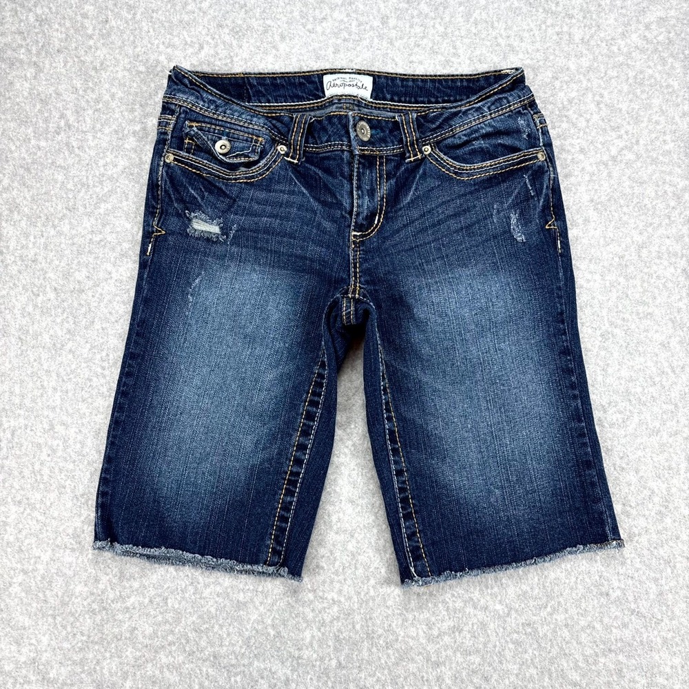 Aeropostale Bermuda Shorts Womens 3/4 Blue Frayed Hem Thick Stitch Preppy Denim